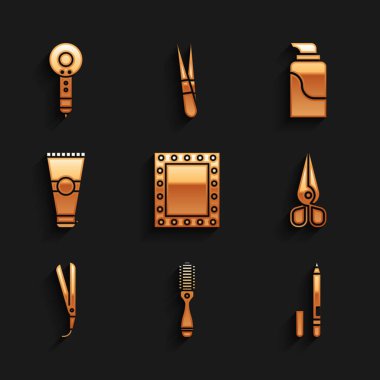 Makyaj aynasını ışık, saç fırçası, göz kalemi, kaş, makas, saç maşası, saç maşası, losyon kozmetik tüpü, krem ve kurutma ikonu ile ayarla. Vektör