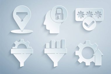 Satışları grafikle, parola korumasıyla, teçhizatla, ok büyümesiyle, insan kafatası kilidiyle ve konum satış ikonuyla ayarla. Vektör