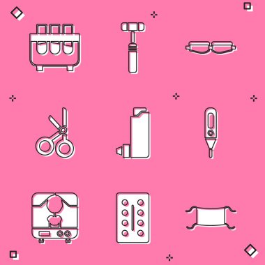 Test tüpü ve matarayı, nöroloji refleks çekicini, güvenlik gözlüğü gözlüklerini, tıbbi makası, astım spreyini, dijital termometreyi, X-ray makinesini ve hap paketinin ikonunu hazırlayın. Vektör