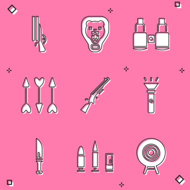 Pompalı tüfeği, Ayı kafasını kalkanlara, dürbünü, hippi oklarını, feneri, avcı bıçağını, kurşun ve mermi ikonunu ayarlayın. Vektör