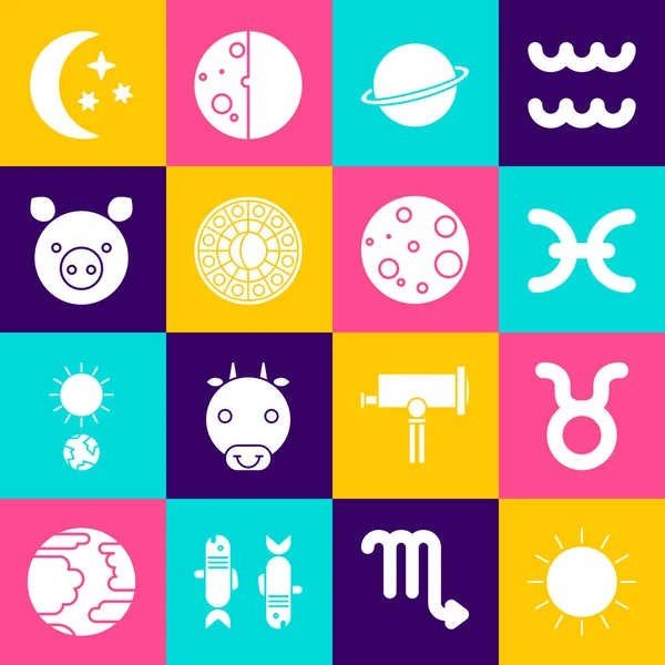 Zon, Stier dierenriem, Vissen, Planeet Saturnus, Astrologie horoscoop cirkel, Varken, Maan en sterren en icoon. Vector — Stockvector
