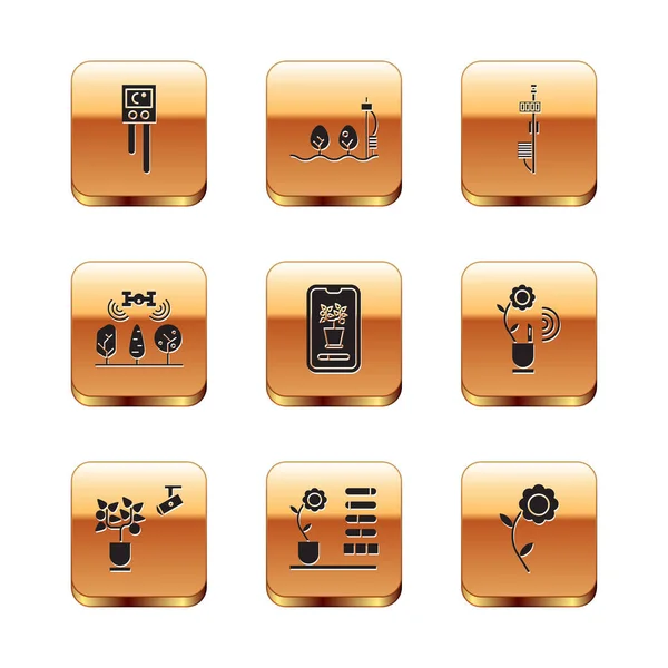 Set Sensor de temperatura y humedad, tecnología agrícola inteligente, estado de la flor, sistema de control, con dron, autónomo e icono de la planta. Vector — Vector de stock