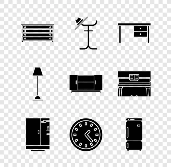 Çekmeceler, kürsü, ofis masası, duş kabini, saat, buzdolabı, yer lambası ve televizyon masa simgesi. Vektör — Stok Vektör