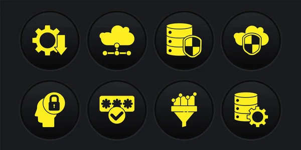 Set Human head with lock, Cloud and shield, Password protection, Sales funnel chart, Server, Network cloud connection, gear and Cost reduction icon. Vektor — Stockový vektor