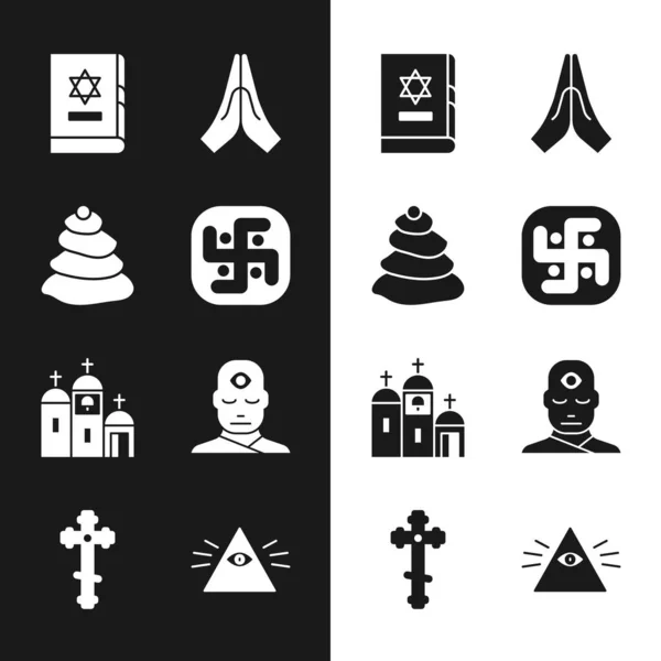 Set Jainism, Stack hot stones, Jewish torah book, Hands praying position, Church building, Man with third eye, Masons and Christian cross icon. Vector — Stock Vector