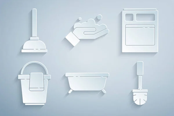 Set Badewanne, Geschirrspüler, Eimer mit Lappen, Toilettenbürste, Handwaschseife und Gummikolben-Symbol. Vektor — Stockvektor