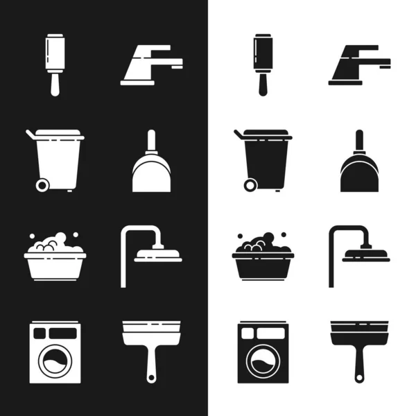 Bustpan, Trash can, Adhesive roller, Water tap, Plastic basin with soap suds, Shower head, Rubber cleaner for windows and Washer icon. Vector — 스톡 벡터