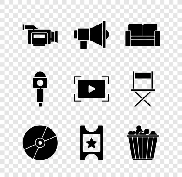 Set caméra de cinéma, mégaphone, chaise, CD ou DVD disque, billet, boîte Popcorn, Microphone et icône de lecture vidéo en ligne. Vecteur — Image vectorielle