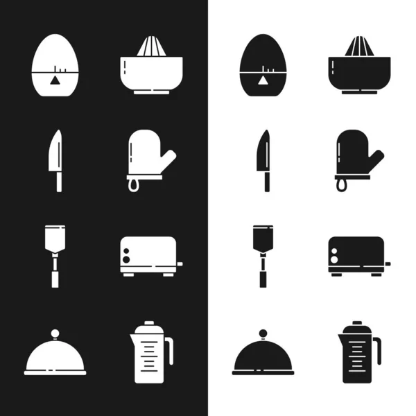Oven glove, Knife, Kitchen timer, Citrus fruit juicer, Spatula, Toaster, Teapot 및 Covered with tray icon. Vector — 스톡 벡터
