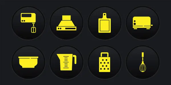 Bowl, Tost makinesi, Ölçme kabı, Grater, Kesme tahtası, Mutfak sökücü fan, çırpıcı ve elektrik karıştırıcı ikonu. Vektör — Stok Vektör