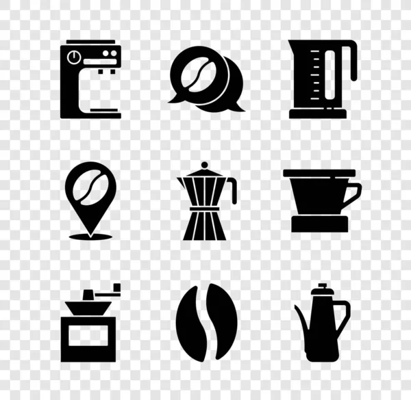 Set Kaffeemaschine und Gespräch, Wasserkocher, Kaffeemühle manuell, Bohnen, Teekanne, Standort mit und Mokka-Symbol. Vektor — Stockvektor