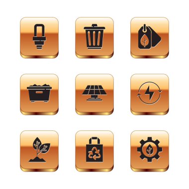 LED ampul, bitki, geri dönüşümlü kağıt torba, güneş enerjisi paneli, çöp tenekesi, etiket yaprağı, yaprak bitkisini vites ve simgede ayarla. Vektör