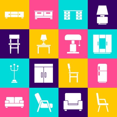 Koltuk, buzdolabı, gardırop, ofis masası, masa lambası, sandalye, çekmeceler ve ikon. Vektör