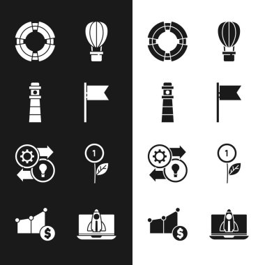 Konum belirleyicisi, Deniz feneri, iş hayatı şamandırası, sıcak hava balonu, insan kaynakları, dolar fabrikası, Startup projesi konsepti ve turta şeması ve dolar ikonu. Vektör