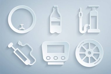 Bisiklet hız göstergesini, hava pompasını, tekerleği, su ve ikonlu spor şişesini ayarlayın. Vektör