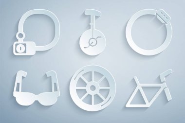 Bisiklet tekerleği, fren diski, spor bisiklet gözlüğü, çerçeve, tek tekerlekli bisiklet ve kilit simgesi. Vektör