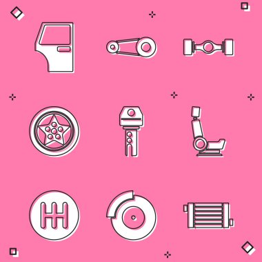 Araba kapısı, zaman ayarlı kemer kiti, Chassis arabası, tekerlek, uzaktan kumandalı anahtar, koltuk, vites kolu ve fren diski kalibresi ikonu. Vektör