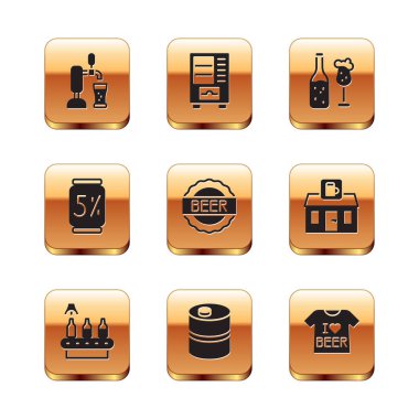 Bardaklı bira musluğu, konveyör bant, bira, metal fıçı, şişe kapağı, kutu, şişe, tişört ve satış makinesi ikonu. Vektör