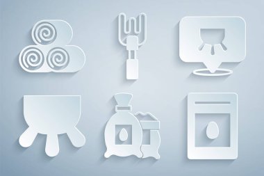 Bitki, meme, bahçe tırmığı ve saman ikonu tohumu dolu bir paket hazırla. Vektör