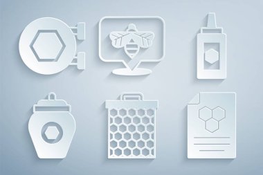 Bal peteği, bal kavanozu, arı ve asılma işaretini bal peteği simgesiyle ayarla. Vektör