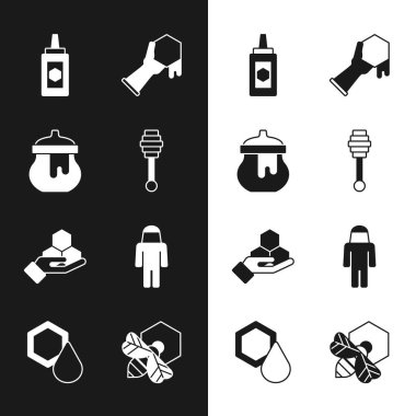 Bal Dipper çubuğu, bal kavanozu, bal peteği ve el koruyucu şapkası, bal peteği ve ikonu olan arıcı. Vektör