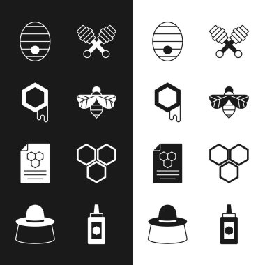 Set Arısı, Bal Tarağı, Arı Kovanı, Dipper Çubuğu, Bir kavanoz bal ve şapka ikonlu arıcı. Vektör