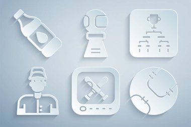 Beyzbol maçı, şampiyonluk turnuvasıyla, beysbol oyuncusuyla, ödül kupasıyla ve bir şişe su ikonuyla monitörü kur. Vektör