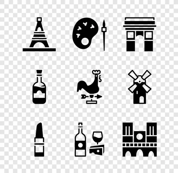Eiffel-torony, Paint kefe palettával, diadalív, rúzs, borosüveg sajt, Notre Dame, palackok bor és kakas időjárás furgon ikon. Vektor — Stock Vector