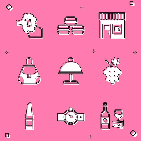 Set Poodle dog, Macaron cookie, Coffee shop, Handbag, Covered with tray, Grape fruit, Lipstick and Wrist watch icon. Vector — Stock Vector