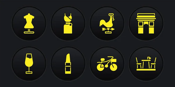 와인 잔 , Triumphal Arch, Lipstick, Bicycle, Rooster weather vane, Woman dress, French cape, Mannequin icon. Vector — 스톡 벡터