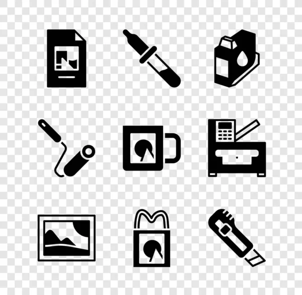 Fájl dokumentum készlet, pipetta, nyomtató tinta patron, kép táj, papír bevásárló táska, írószer kés, festék görgő ecset és kávé csésze ikon. Vektor — Stock Vector