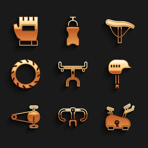 Set Fahrradlenker, stationäres Fahrrad, Helm, Kette mit Getriebe, Radreifen, Sitz und Handschuh-Symbol. Vektor — Stockvektor