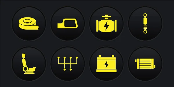 Set Autositz, Stoßdämpfer, Schalthebel, Batterie, Motor prüfen, Spiegel, Kühlerkühlsystem und Scotch-Tape-Symbol. Vektor — Stockvektor