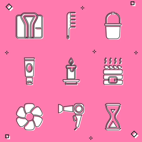 Set Bathrobe, Hairbrush, Sauna bucket, Cream or lotion cosmetic tube, Aroma candle, Hot sauna stones, Flower and dryer icon. Vektor - Stok Vektor