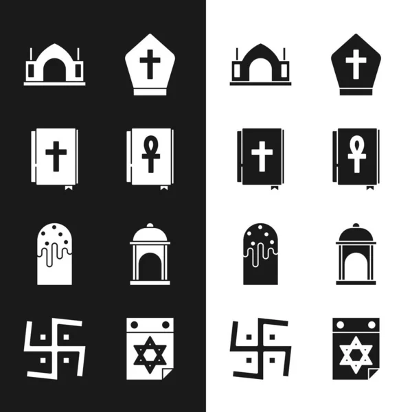 Set Cross ankh book, Sagrada Biblia, templo espiritual hindú, sombrero de Papa, pastel de Pascua, mezquita musulmana, calendario judío e icono de la esvástica. Vector — Vector de stock