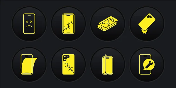 Ställ glas skärmskydd, Stötsäker telefon, Mobil med trasiga, service och Dead mobil ikon. Vektor — Stock vektor