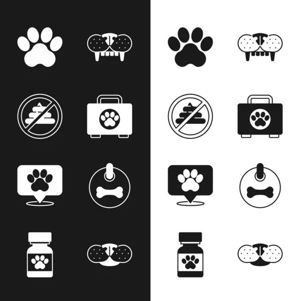 Set Pet first aid kit, No shit, Paw print, Cat tooth, Location veterinary hospital, Dog collar, nose and Medicine bottle and pills icon. Vector — Vetor de Stock