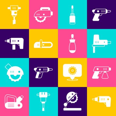 Elektrik kablosuz tornavida, boya spreyi, yapboz, tornavida, elektrikli testere, matkap, elektrikli beton karıştırıcı ve ikon ayarla. Vektör