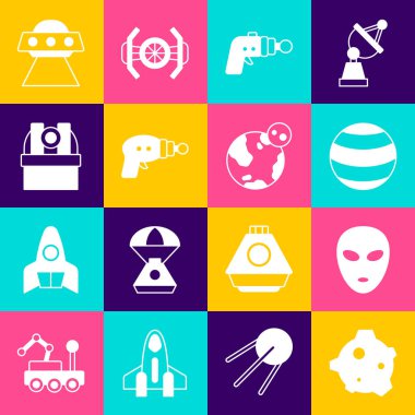 Asteroid, Alien, Planet, Ray Gun, Astronomik Gözlemevi, UFO uçan uzay gemisi ve Dünya ikonu. Vektör