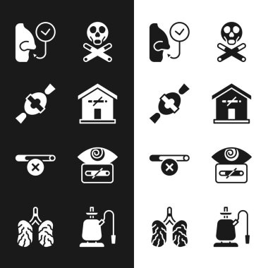Evde sigara içme, Candy, sağlıklı nefes al, kemik kafatası, Hipnoz, Nargile ve Hastalık Ciğerleri ikonu. Vektör
