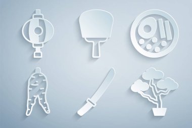 Katana, Ramen, Ginseng kökü, Bonsai ağacı, Kore el yelpazesi ve fener ikonu. Vektör