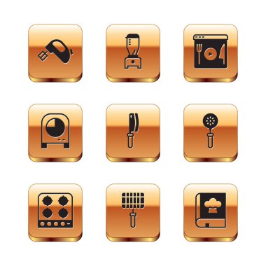 Elektrik karıştırıcı, gaz ocağı, ızgara çelik ızgara, et helikopteri, mutfak zamanlayıcısı, yemek kitabı ve mikser ikonu. Vektör