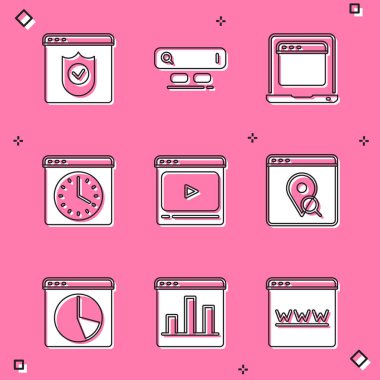 Tarayıcıyı kalkan, Arama motoru, Laptop tarayıcı penceresi, çevrimiçi oyun videosu, şehir haritasının Infographic, Grafik grafiği ve simgesi ile ayarla. Vektör