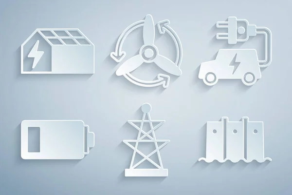 Set Electric tower, car, Battery, Hydroelectric dam, Wind turbine and Solar energy panel icon. Vector — Stock Vector