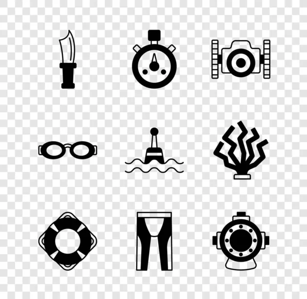 Set Cuchillo de buceo, cronómetro, cámara fotográfica para buzo, salvavidas, buceo con traje de neopreno, Aqualung, gafas de natación e icono flotante. Vector — Vector de stock