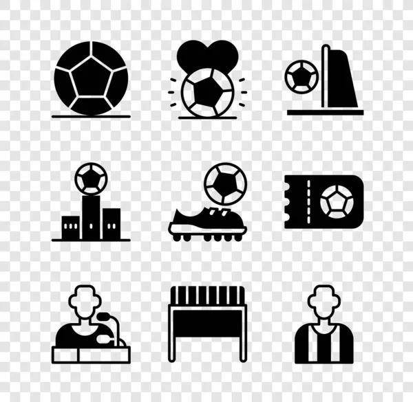 Set Soccer football ball, Football goal with, player press conference, or soccer referee, Award over sports winner podium and shoes icon. Vector