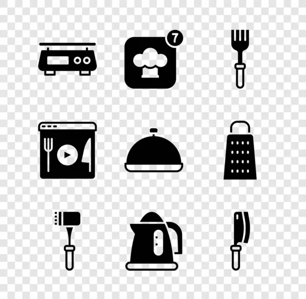Set Elektroniska vågar, Chef hatt, Gaffel, Kök hammare, Elektrisk vattenkokare, Köttätare, Matlagning live streaming och Täckt med bricka med mat ikon. Vektor — Stock vektor