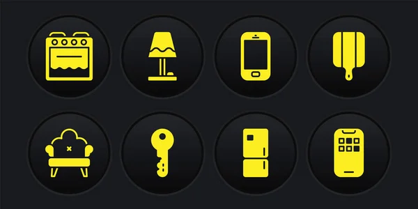 Set Sofa, Řezací deska, Dům klíč, Lednička, Mobilní telefon, Stolní lampa, Apps a Trouba ikona. Vektor — Stockový vektor