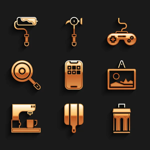 Set mobiele apps, snijplank, prullenbak, foto, koffiezetapparaat, koekenpan, gamepad en verfroller pictogram. Vector — Stockvector
