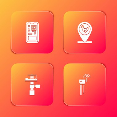 Akıllı kontrol çiftçilik sistemi, Tavuk ve konum otomatik sulama fıskiyeleri ve Router kablosuz ağ sinyal simgesini ayarla. Vektör